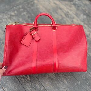 LOUIS VUITTON RED LEATHER EPI KEEPALL DUFFLE BAG